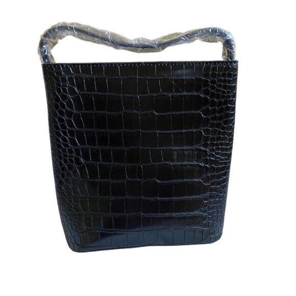 NWT AOTA Elena Crossbody Bucket Bag Black Vegan Leather Mock Croc Texture - Picture 6 of 16